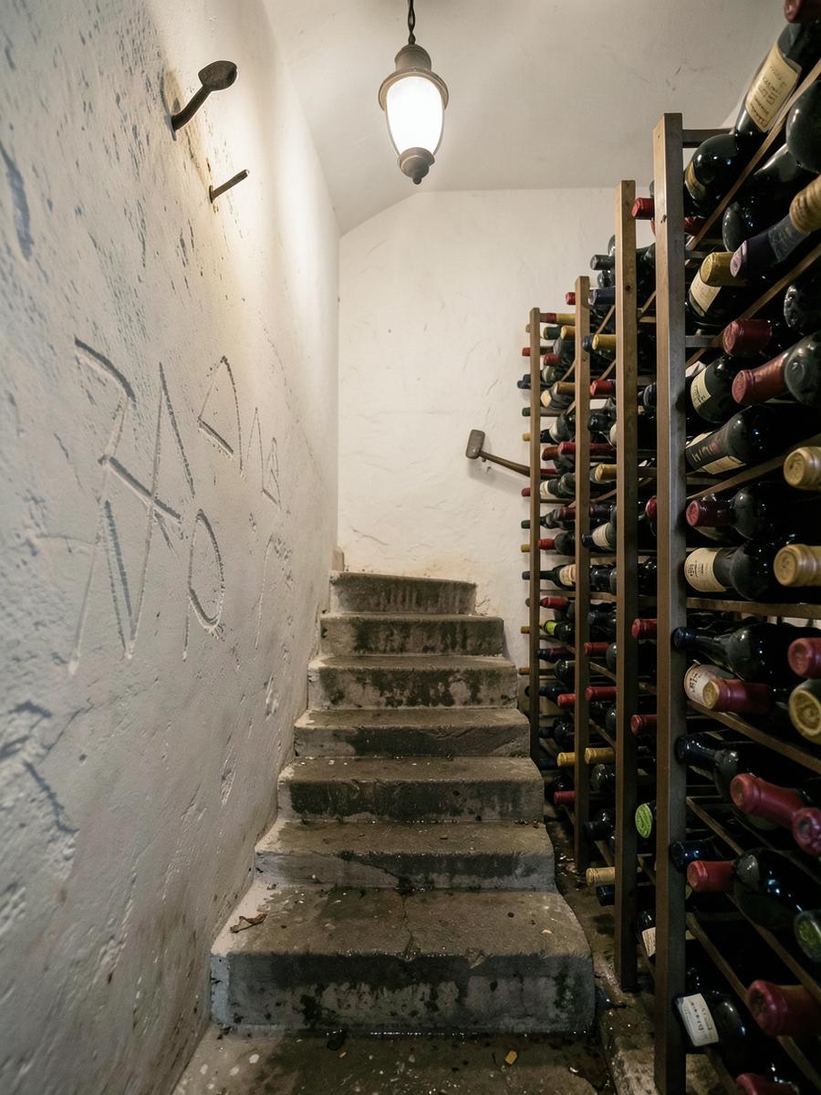 Chalk cellar walls with visible tool marks, bottles on riddling racks, vines on the Cote des Blancs