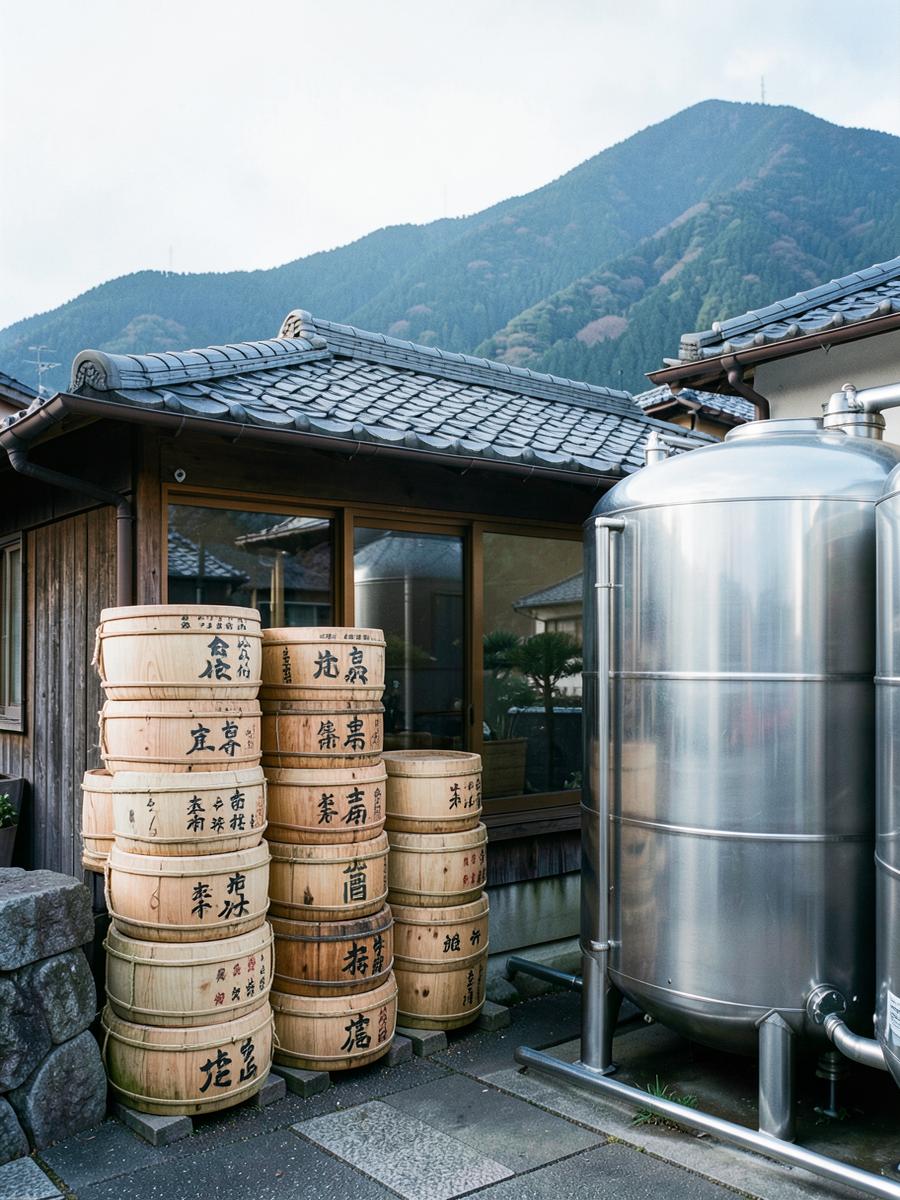 Cedar barrels stacked beside steel tanks seen through glass, the Rokko ridgeline above the rooflines