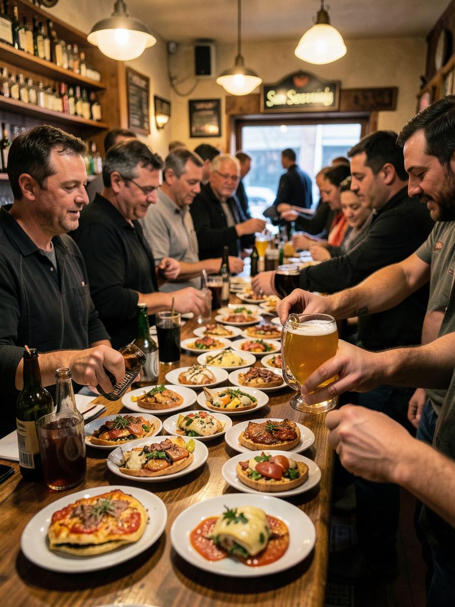 A bar counter at full load with txakoli poured from height, motion blur of a crowded room