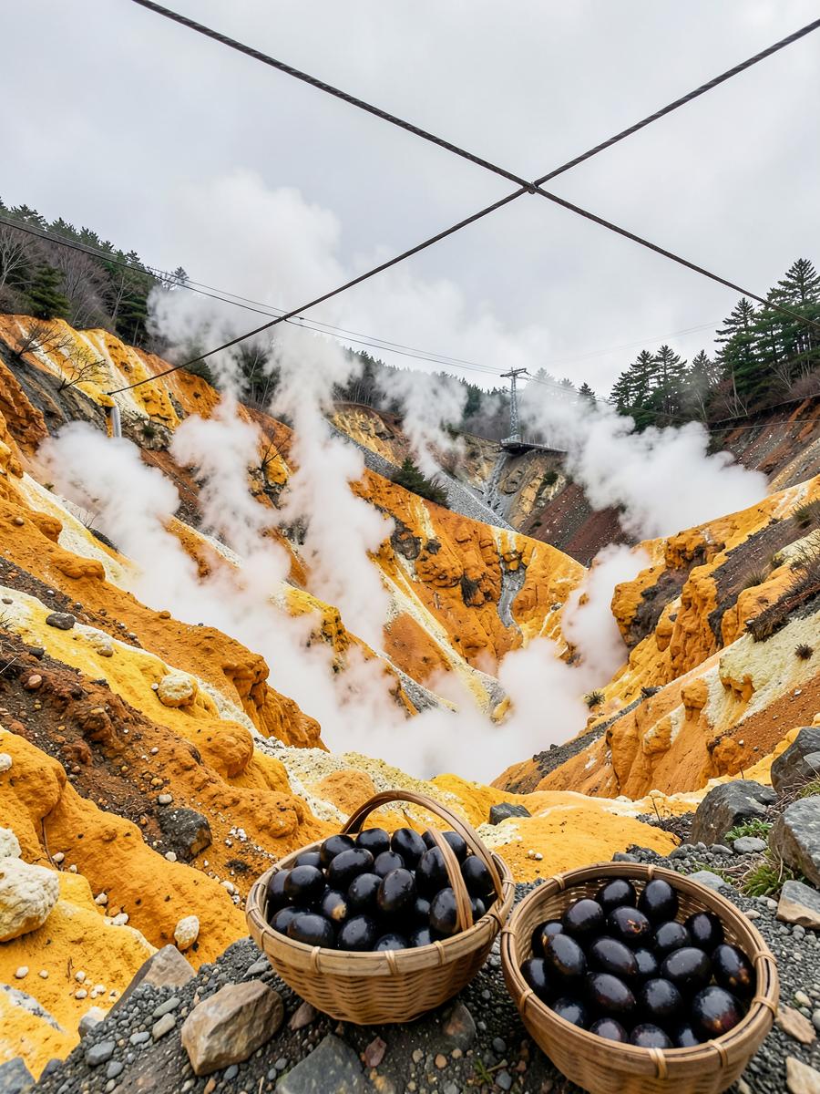 Ochre rock and white steam with the ropeway cable cutting through, a single cracked black shell held in a hand