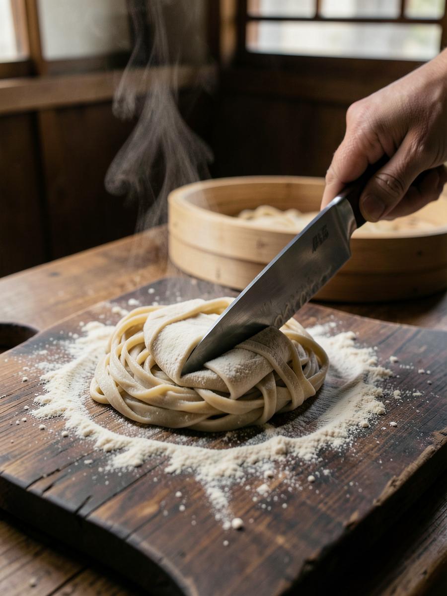 Flour on dark wood with a soba blade mid-cut, steam rising off a bamboo basket