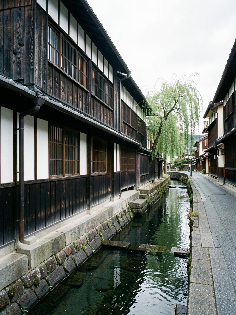 Black cedar warehouse cladding against white plaster beside still canal water, hands pouring sake