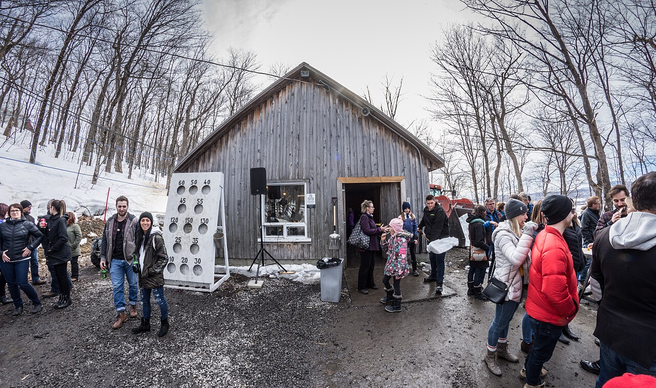 Visitors at a Quebec sugar shack in winter