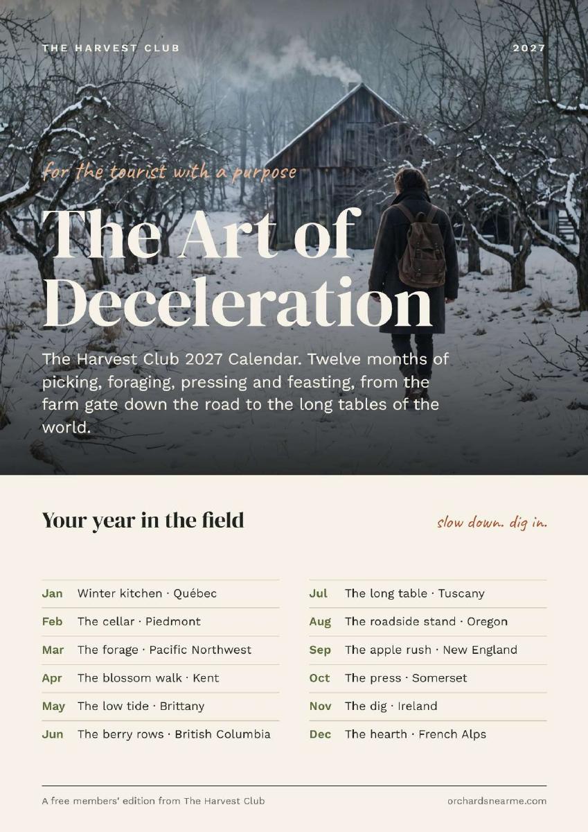 Actual cover of The Harvest Club 2027 Calendar, The Art of Deceleration