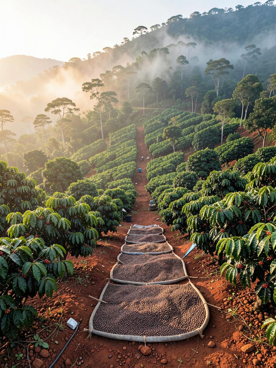 Red basalt soil and green coffee rows with mist on the ridge, drying beds seen from above and a phin dripping