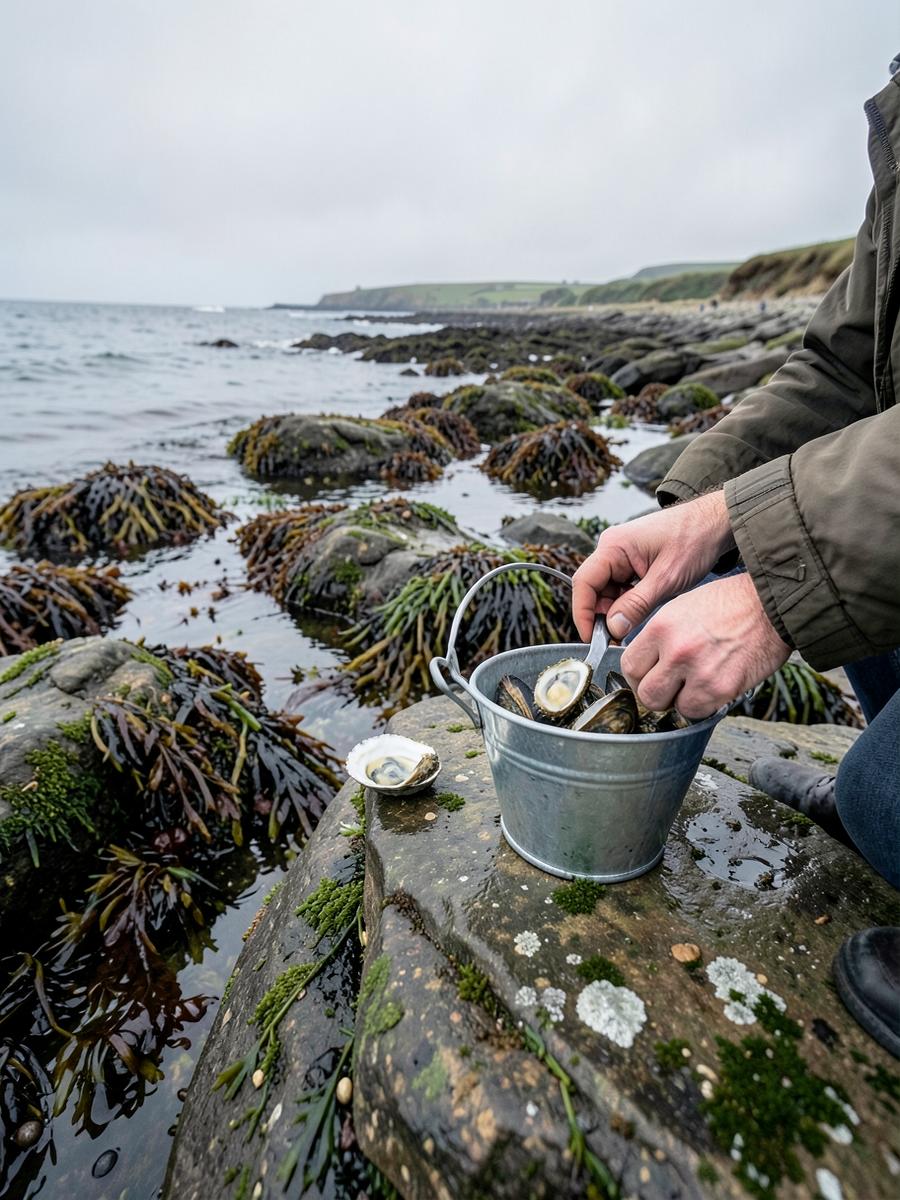 Wet rock in low grey light with a half-full bucket, hands opening an oyster on a stone