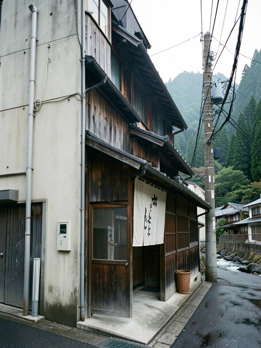 River gorge and cedar above Ome, and a narrow brewery frontage wedged into a Tokyo city block