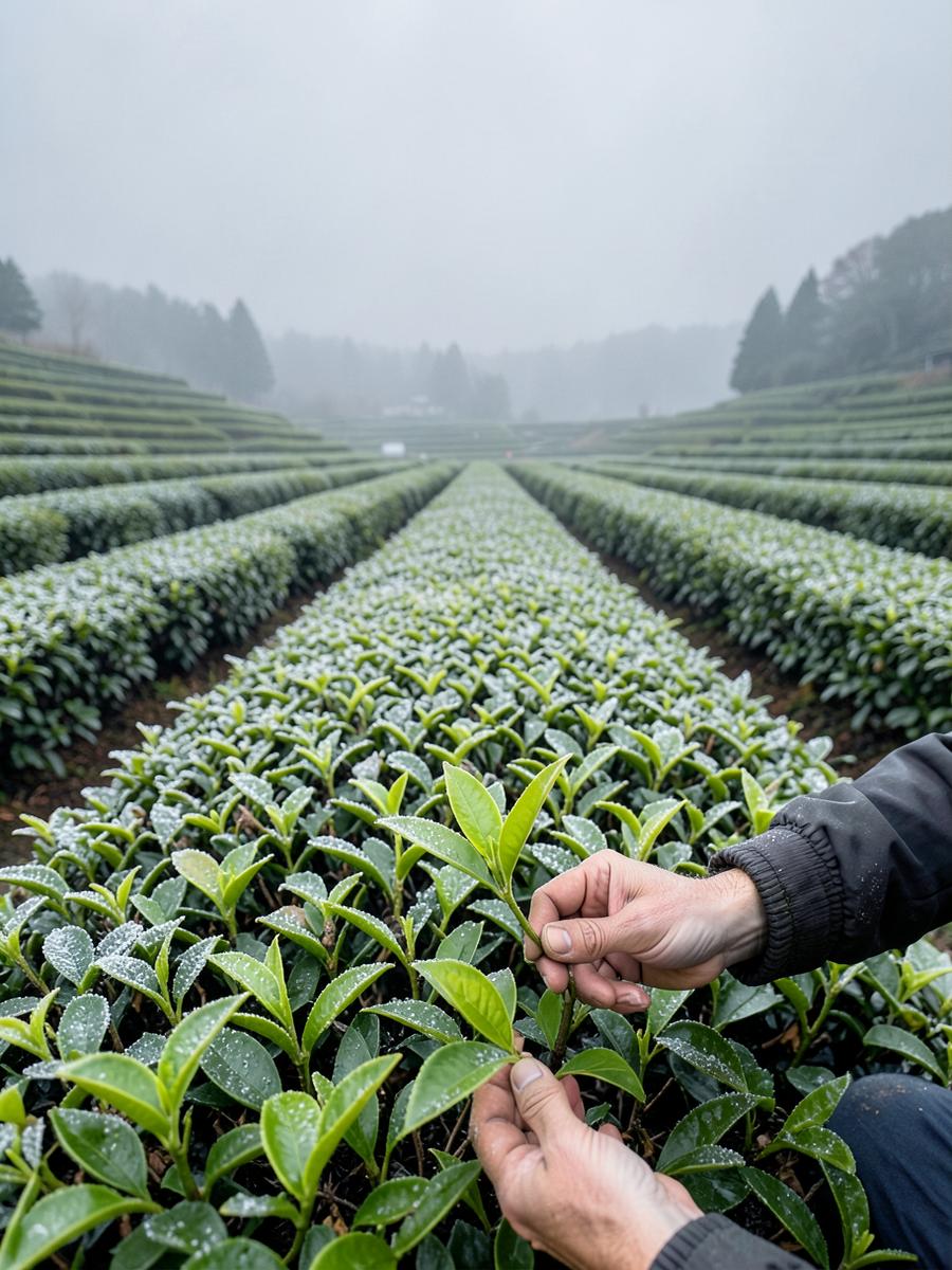 Rows of clipped green tea against grey sky, hands deep in the leaf, steam off a roasting pan