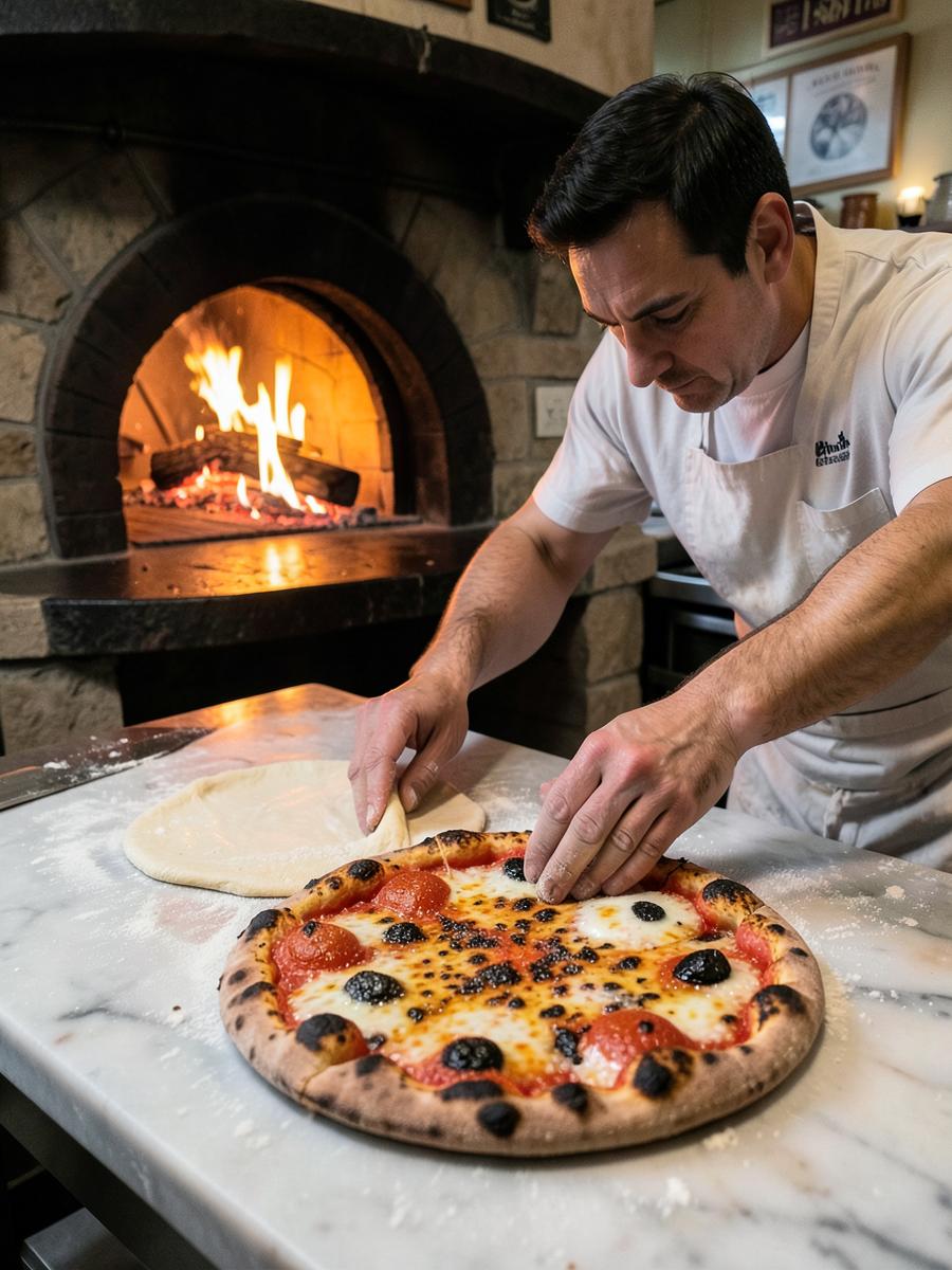 Flour, forearms and the mouth of a wood oven, fire light on dough and close char blisters