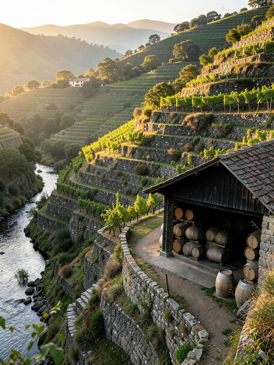Stacked port barrels vanishing into dark, schist terraces in raking light above the river