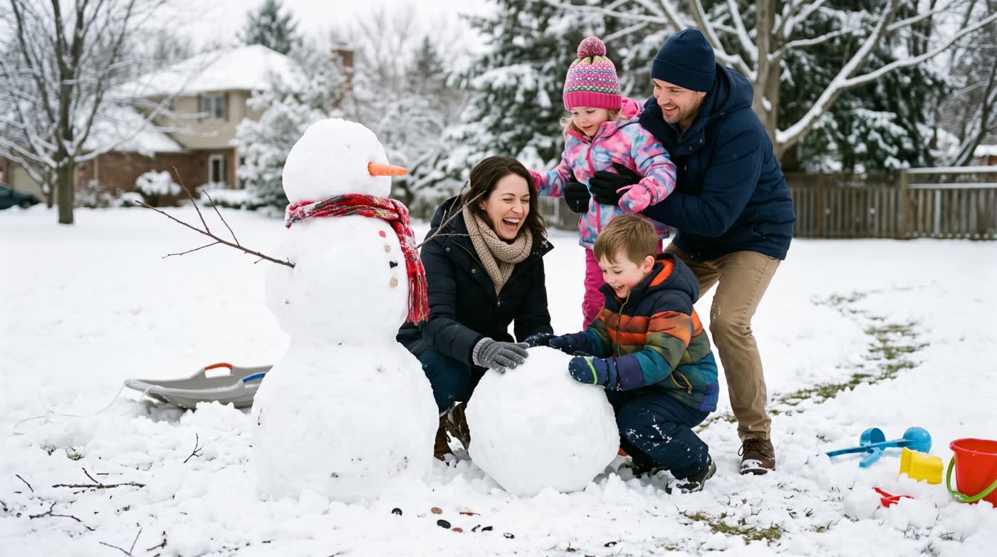 A family laughing as they build a snowman together