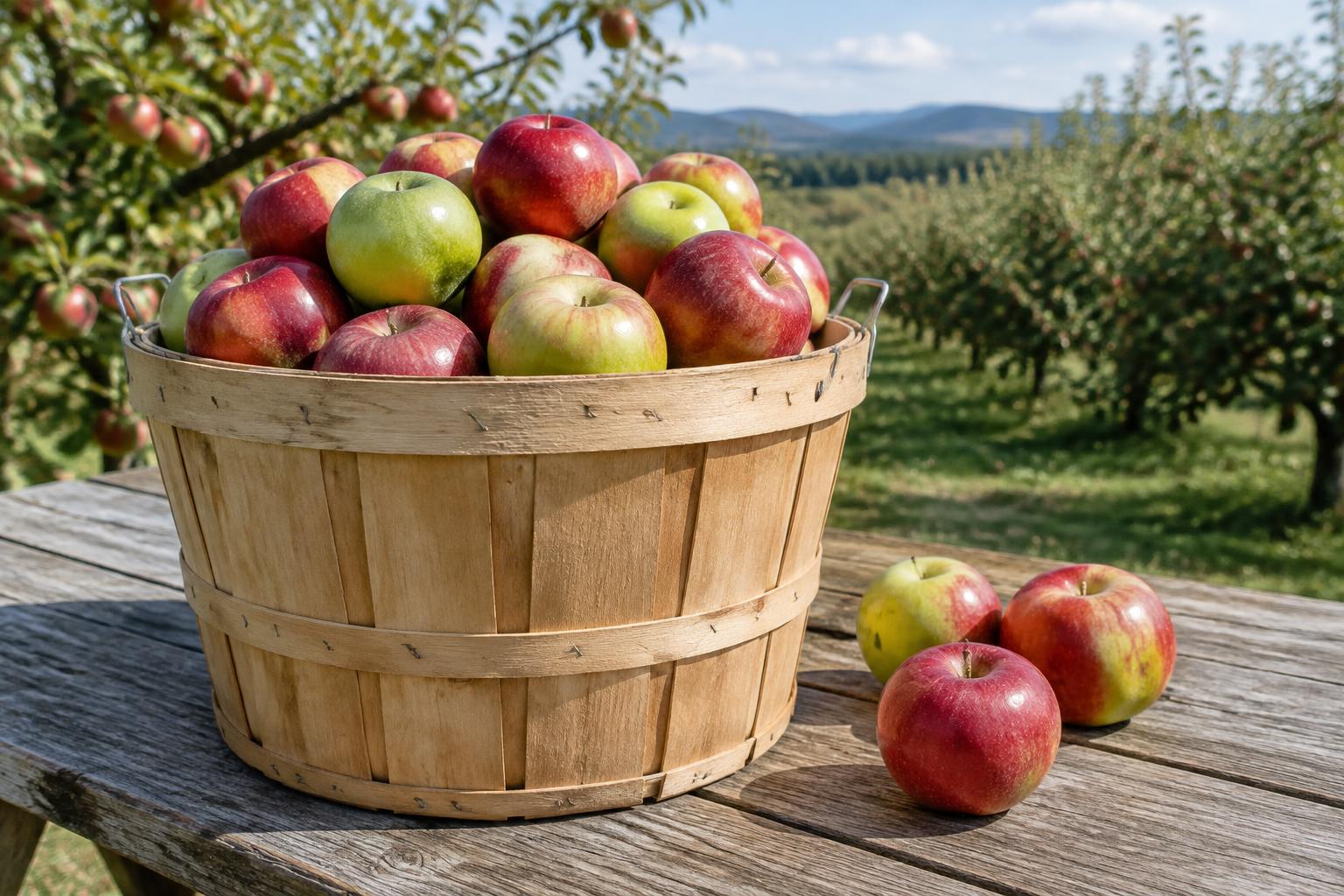 Wooden harvest basket filled with red and green apples on an orchard table