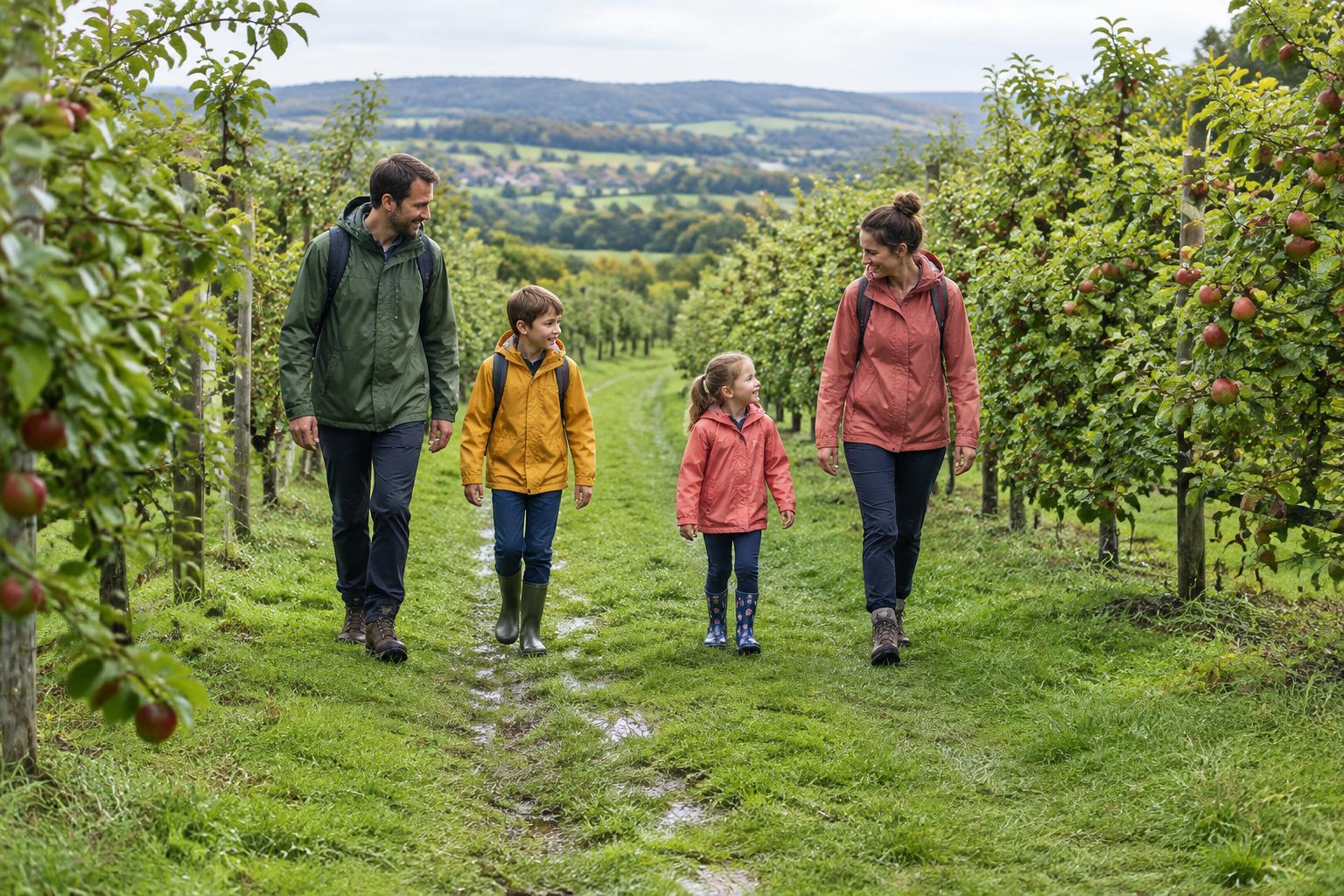 Illustration of a family wearing waterproof jackets, long trousers and sturdy boots on an orchard path
