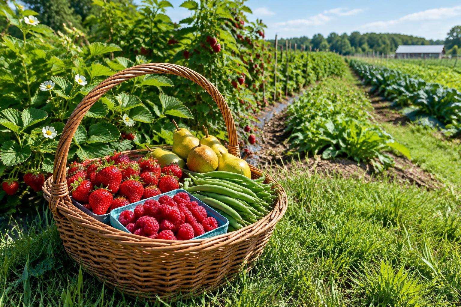 Basket of berries, pears and green beans beside farm growing rows