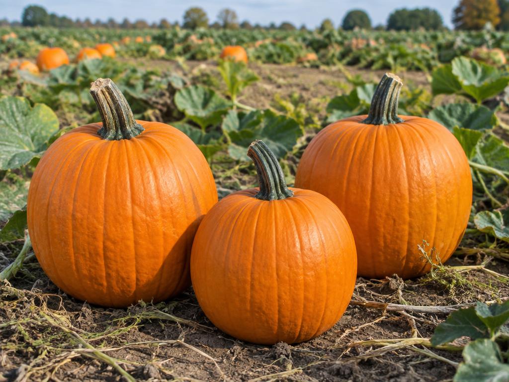 Whole pumpkins with sturdy stems in a field
