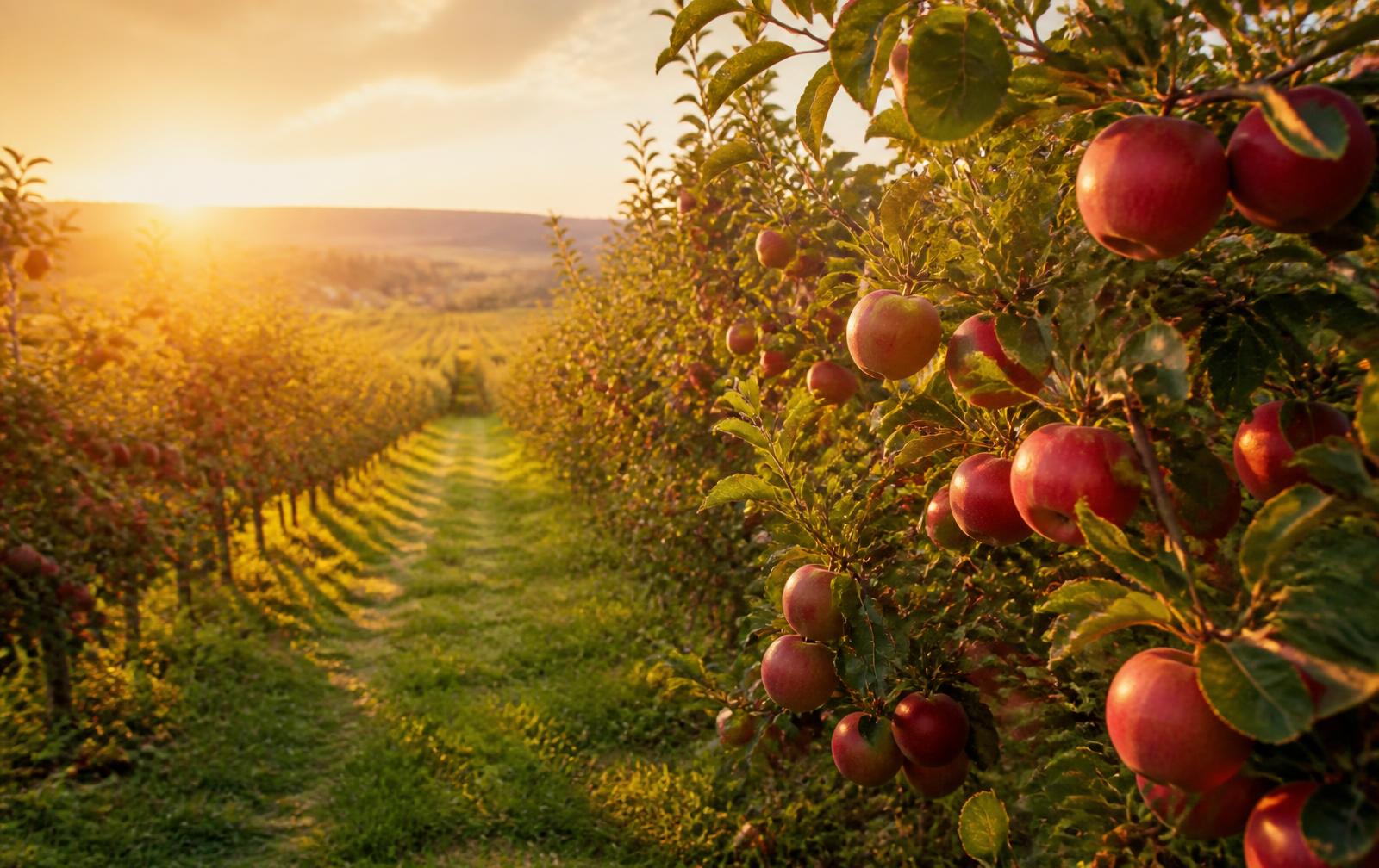 Rows of ripe apple trees in an orchard at golden hour
