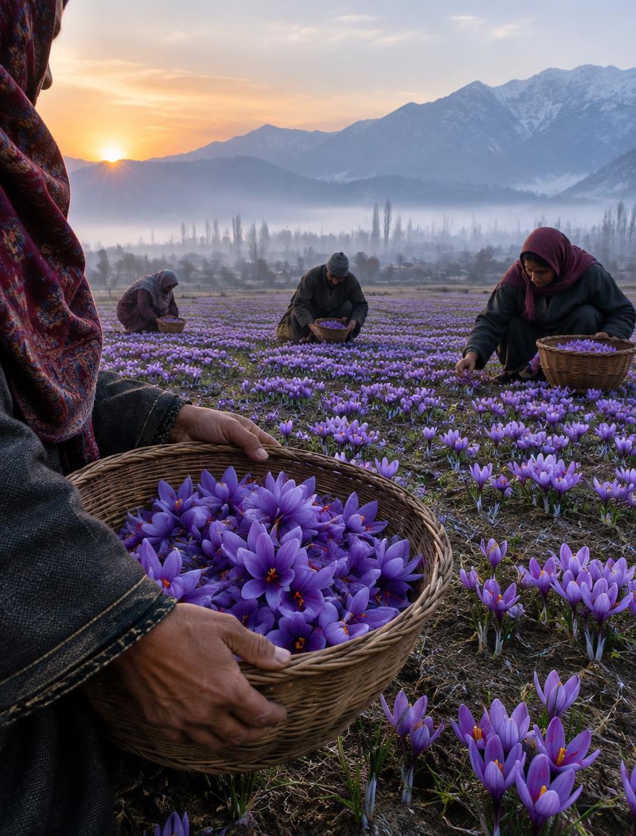 Pickers kneeling among purple saffron crocus at dawn, a basket of flowers in the foreground and snowy mountains behind