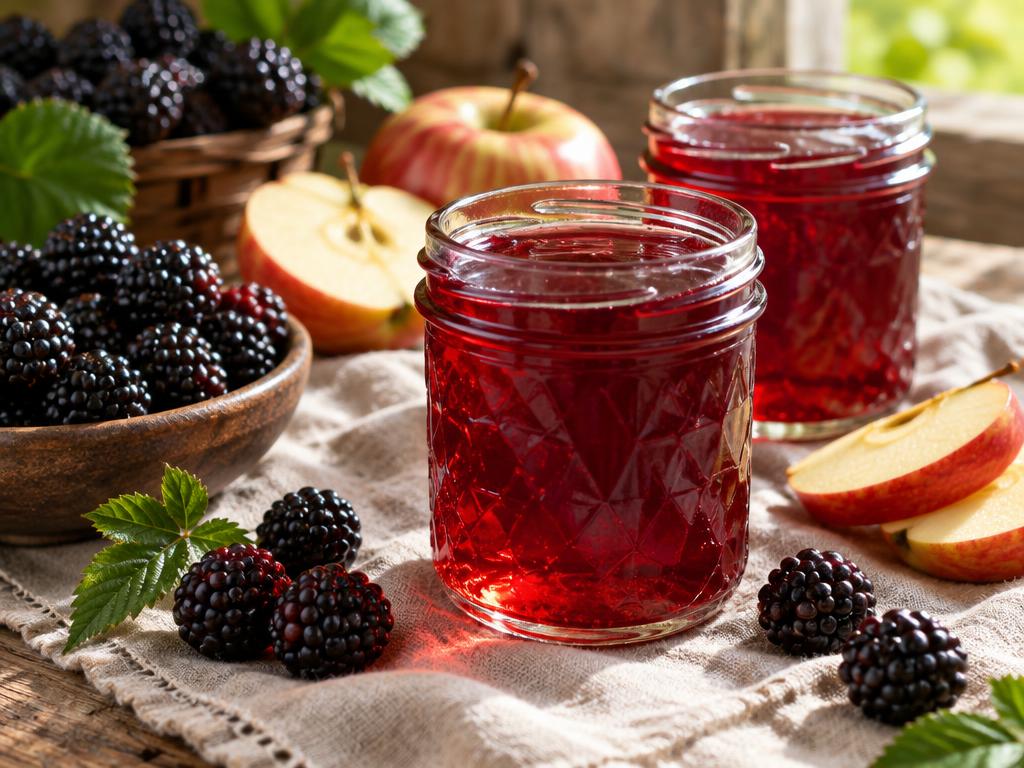 Jars of clear ruby blackberry and apple jelly with fresh blackberries and apple slices