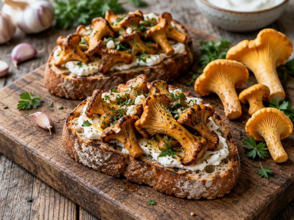 Sourdough toasts topped with golden fried chanterelles and crème fraîche