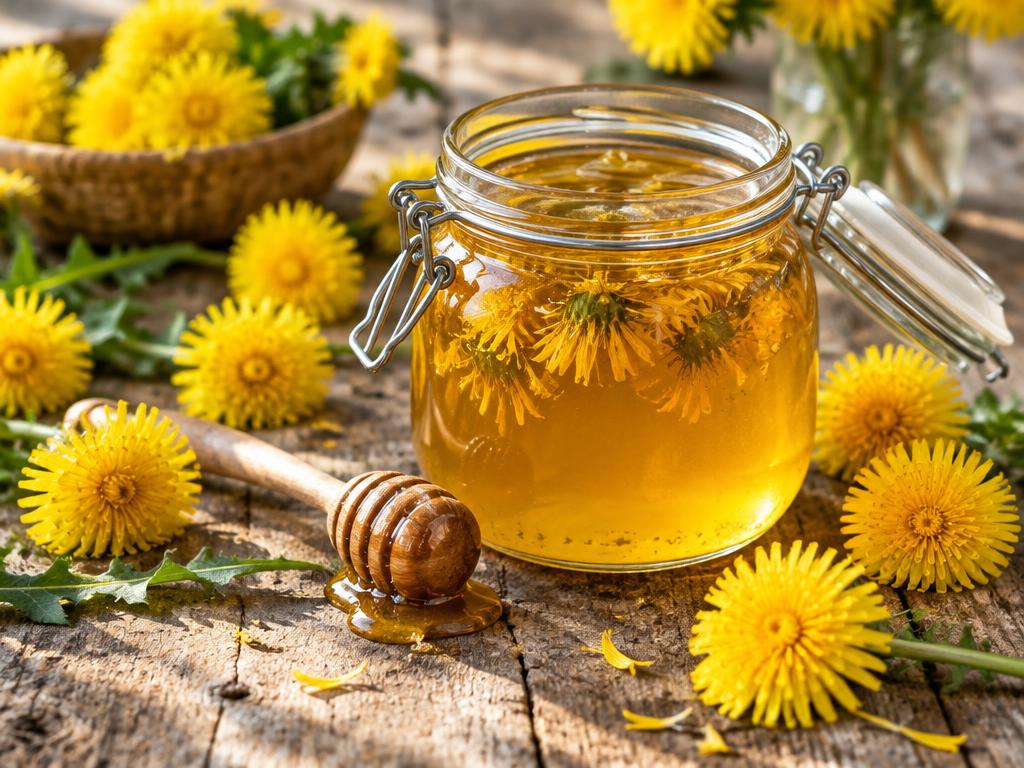 Jar of golden dandelion flower syrup with fresh yellow dandelion heads
