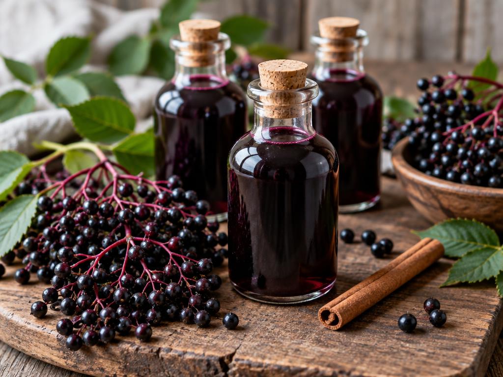 Bottles of dark purple elderberry syrup with fresh elderberry clusters and cinnamon