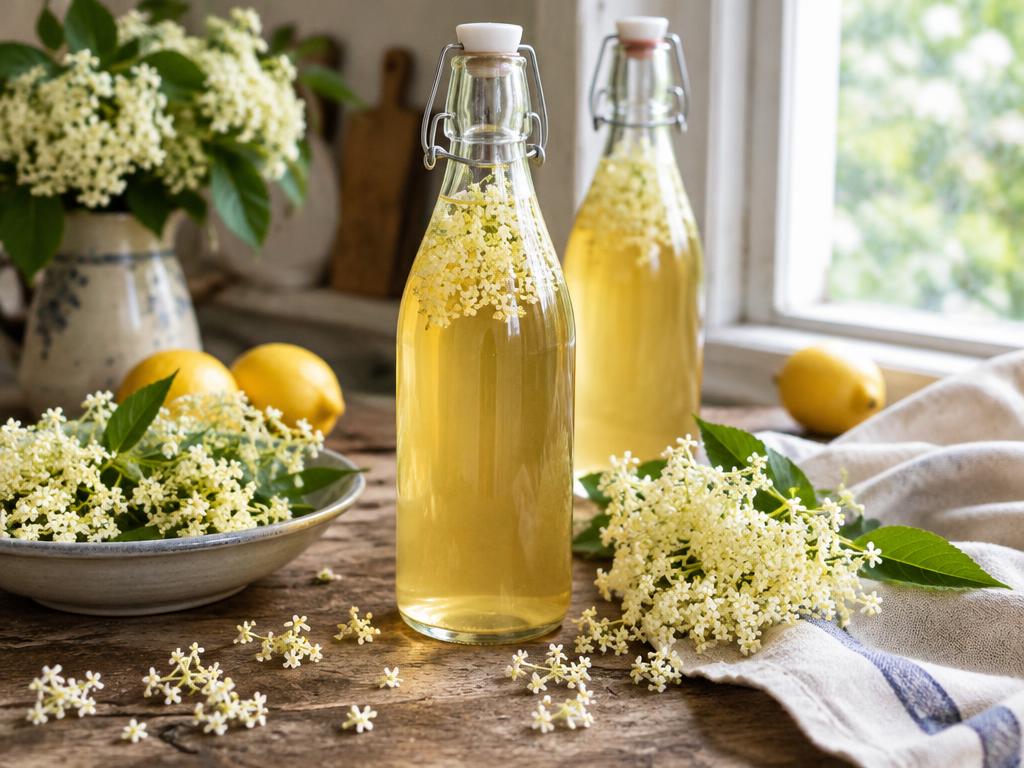 Bottles of homemade elderflower cordial with fresh elderflower blossoms and lemons