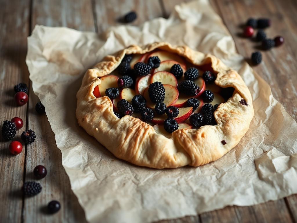 Rustic apple and blackberry galette cooling on parchment paper