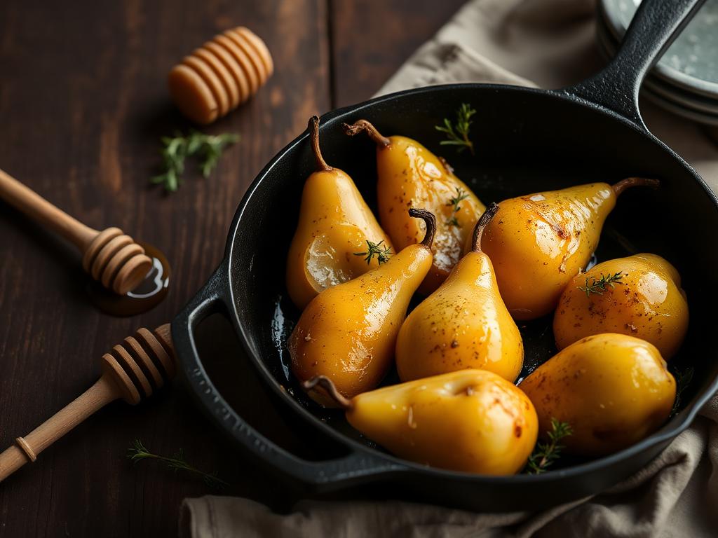 Honey-roasted pears with thyme in a cast iron pan