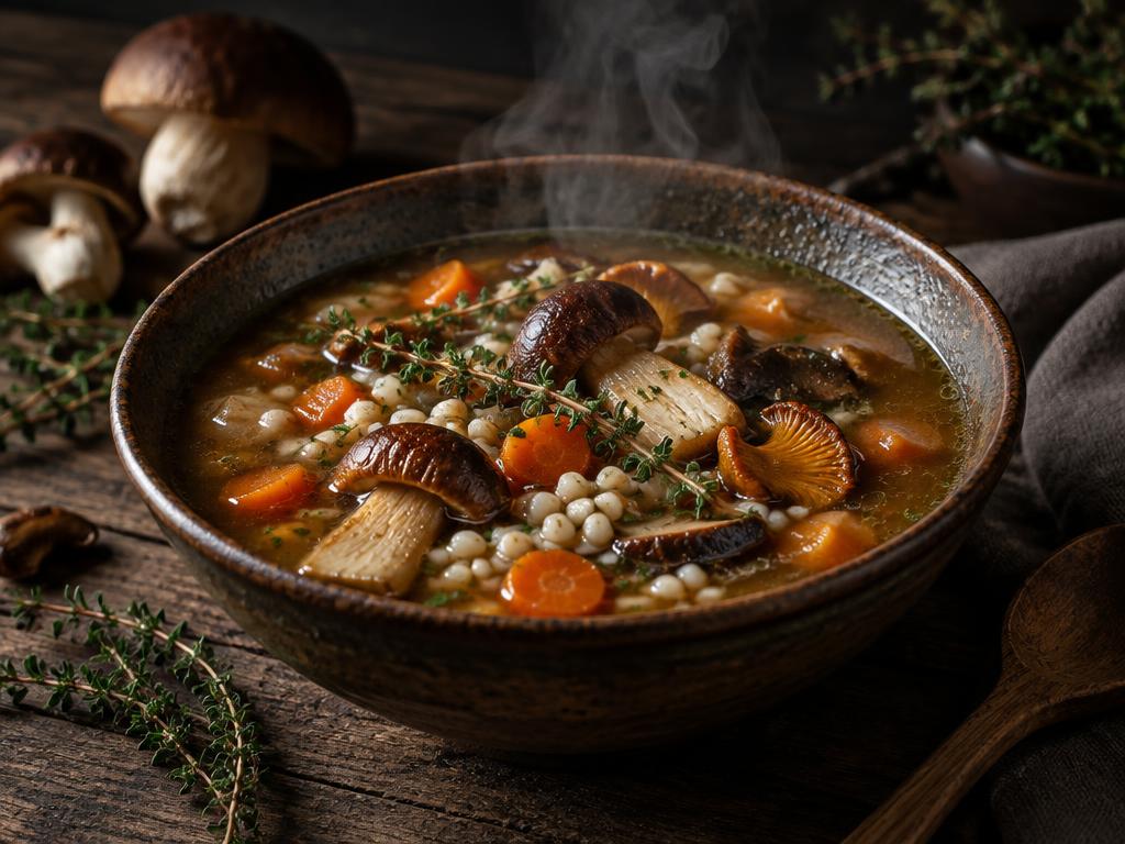 Rustic bowl of wild mushroom and pearl barley broth with porcini, carrots and thyme