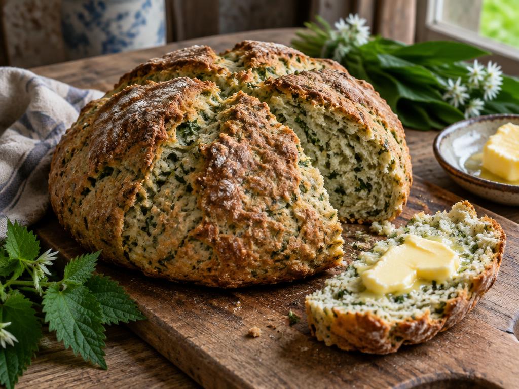 Freshly baked soda bread with green flecks of nettle and wild garlic on a wooden board