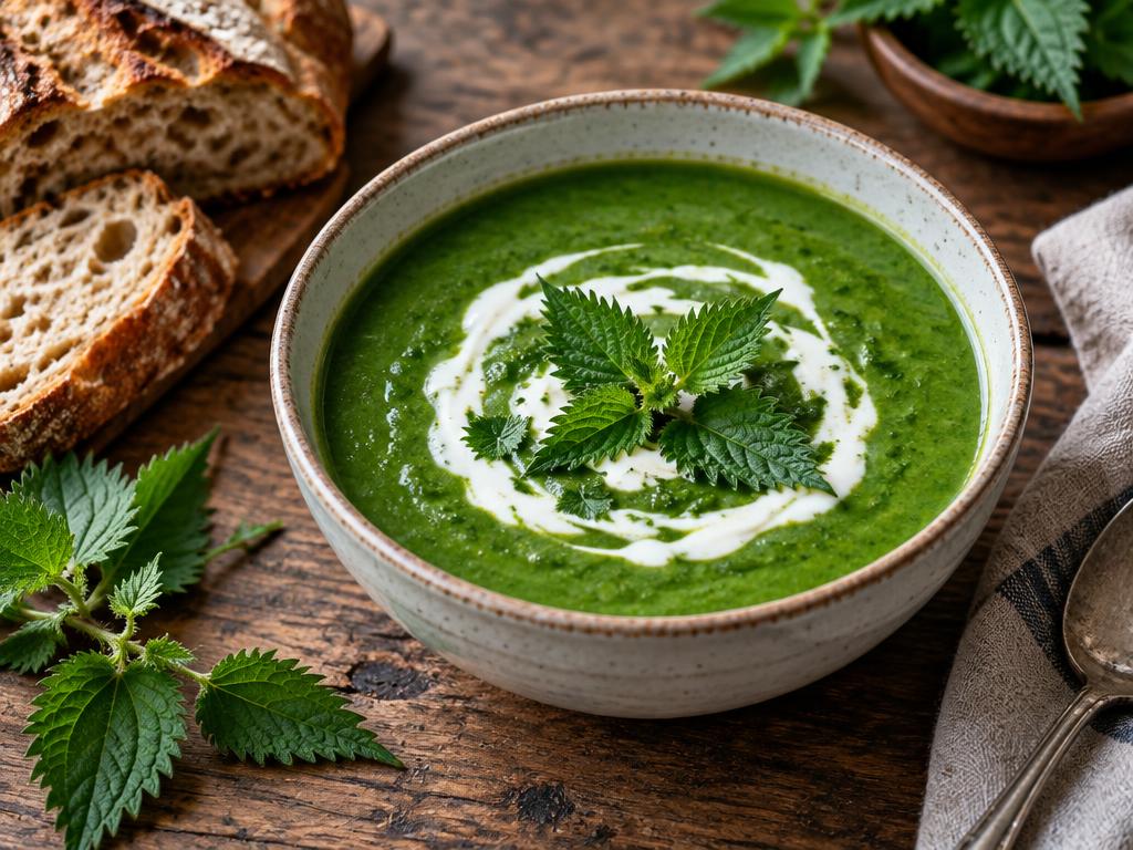 Bowl of vibrant green nettle soup with a swirl of cream and fresh nettle leaves