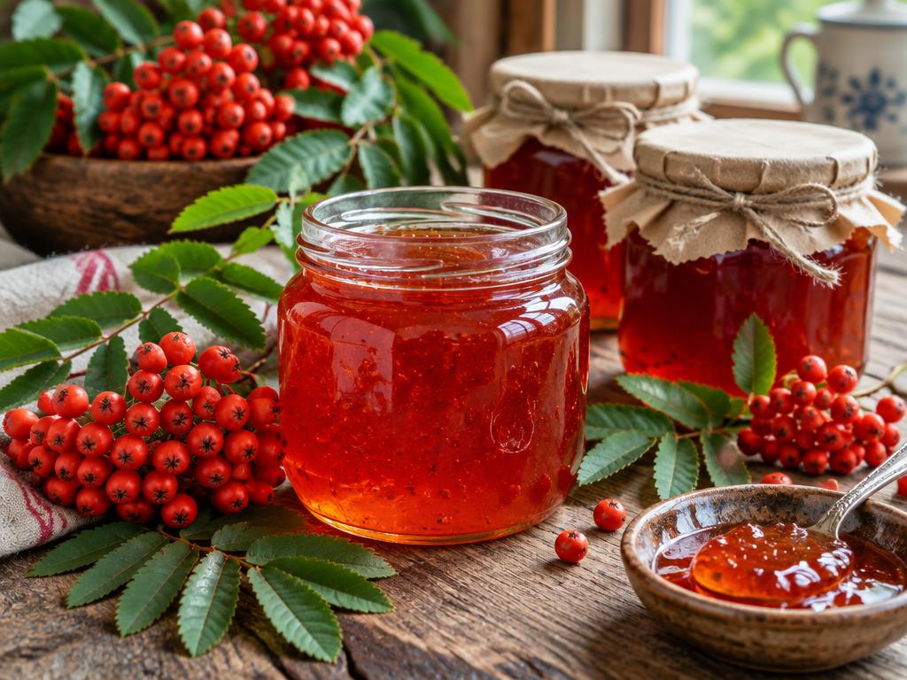 Amber-red rowan berry jelly in jars with sprigs of bright red rowan berries