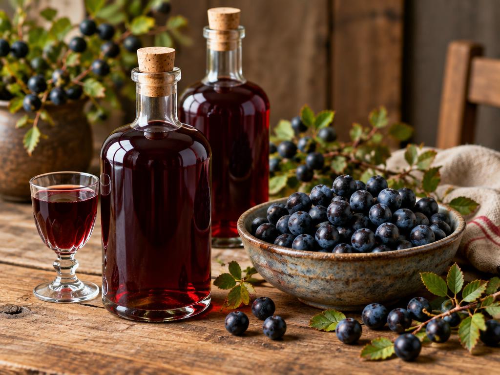 Bottles of deep ruby sloe gin beside a bowl of dark blue sloes