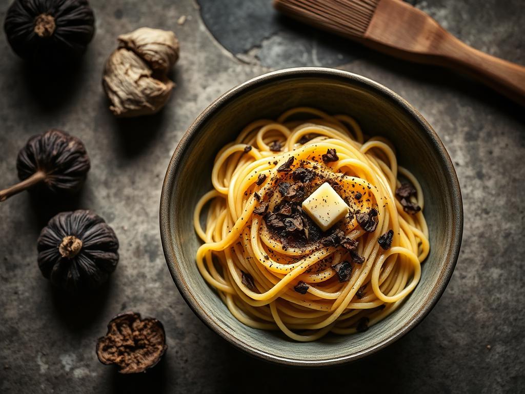 Bowl of tagliolini with shaved black truffle and butter