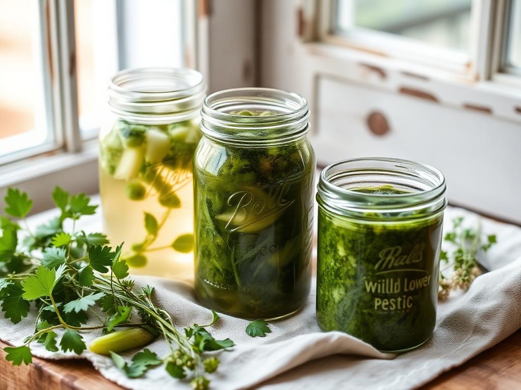 Jars of elderflower cordial and wild garlic pesto on a linen cloth